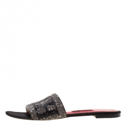 Pre Owned Carolina Herrera Grey/Black Crystal Embellished Mar de Slides Size 39