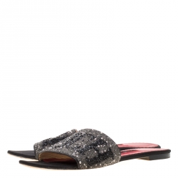 Pre Owned Carolina Herrera Grey/Black Crystal Embellished Mar de Slides Size 39