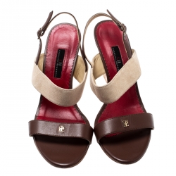 Pre Owned Carolina Herrera Two Tone Leather/Suede Ankle Strap Wedge Sandals Size 38