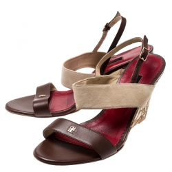 Pre Owned Carolina Herrera Two Tone Leather/Suede Ankle Strap Wedge Sandals Size 38