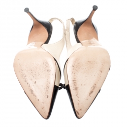 Carolina Herrera Black And Beige Leather Bow Pointed Toe Slingback Pumps Size 38