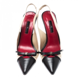 Carolina Herrera Black And Beige Leather Bow Pointed Toe Slingback Pumps Size 38