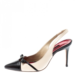 Carolina Herrera Black And Beige Leather Bow Pointed Toe Slingback Pumps Size 38