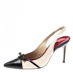 Carolina Herrera Black And Beige Leather Bow Pointed Toe Slingback Pumps Size 38