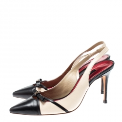 Carolina Herrera Black And Beige Leather Bow Pointed Toe Slingback Pumps Size 38