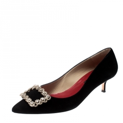 Carolina Herrera Black Crystal Buckled Suede Pointed Toe Pumps Size 37