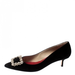 Carolina Herrera Black Crystal Buckled Suede Pointed Toe Pumps Size 37