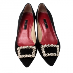 Carolina Herrera Black Crystal Buckled Suede Pointed Toe Pumps Size 37