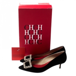 Carolina Herrera Black Crystal Buckled Suede Pointed Toe Pumps Size 37