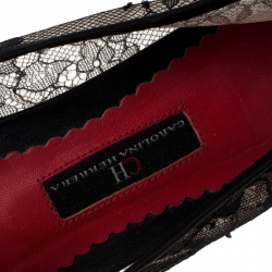 Pre Owned Carolina Herrera Black Satin/Lace Bow Ballet Flats Size 38