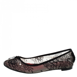 Pre Owned Carolina Herrera Black Satin/Lace Bow Ballet Flats Size 38