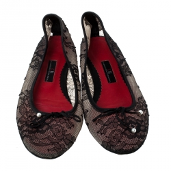 Pre Owned Carolina Herrera Black Satin/Lace Bow Ballet Flats Size 38