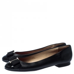 Pre Owned Carolina Hererra Black Leather Bow Ballet Flats Size 36