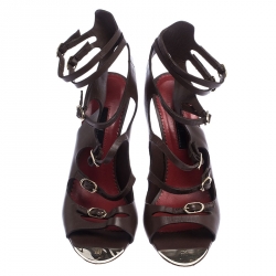 Pre Owned Carolina Herrera Brown Leather Slingback Ankle Strap Sandals Size 40