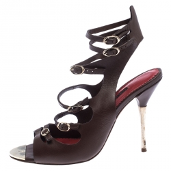 Pre Owned Carolina Herrera Brown Leather Slingback Ankle Strap Sandals Size 40