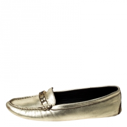 Pre Owned Carolina Herrera Metallic Gold Leather Slip On Loafers Size 37