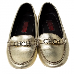 Pre Owned Carolina Herrera Metallic Gold Leather Slip On Loafers Size 37