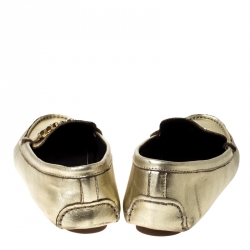 Pre Owned Carolina Herrera Metallic Gold Leather Slip On Loafers Size 37