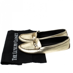 Pre Owned Carolina Herrera Metallic Gold Leather Slip On Loafers Size 37