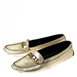 Pre Owned Carolina Herrera Metallic Gold Leather Slip On Loafers Size 37