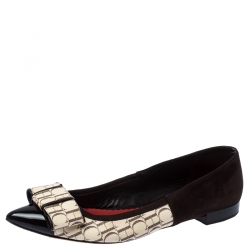 Pre Owned Carolina Herrera Dark Brown/Beige Suede and PVC Bow Pointed Toe Ballet Flats Size 40