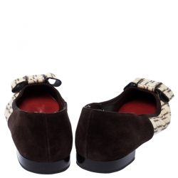 Pre Owned Carolina Herrera Dark Brown/Beige Suede and PVC Bow Pointed Toe Ballet Flats Size 40