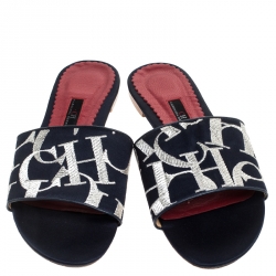 Carolina Herrera Tri Color Logo Satin Flat Slides Size 39