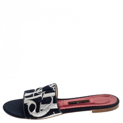 Carolina Herrera Tri Color Logo Satin Flat Slides Size 39