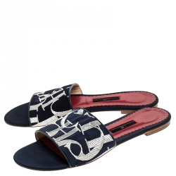 Carolina Herrera Tri Color Logo Satin Flat Slides Size 39