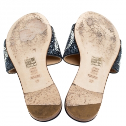 Pre Owned Carolina Herrera Tri Color Logo Satin Mar de Cristal Flat Slides Size 39