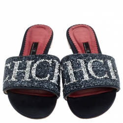 Pre Owned Carolina Herrera Tri Color Logo Satin Mar de Cristal Flat Slides Size 39