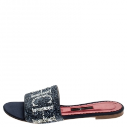 Pre Owned Carolina Herrera Tri Color Logo Satin Mar de Cristal Flat Slides Size 39