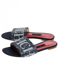 Pre Owned Carolina Herrera Tri Color Logo Satin Mar de Cristal Flat Slides Size 39