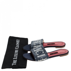 Pre Owned Carolina Herrera Tri Color Logo Satin Mar de Cristal Flat Slides Size 39