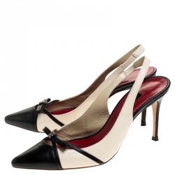 Pre Owned Carolina Herrera Beige/Black Leather Bow Pointed Toe Slingback Pumps Size 39