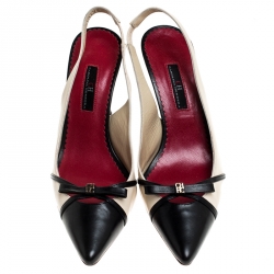 Pre Owned Carolina Herrera Beige/Black Leather Bow Pointed Toe Slingback Pumps Size 39