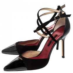 Pre Owned Carolina Herrera Black Suede and Patent Leather Criss Cross Ankle Strap Pumps Size 38