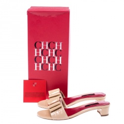 Pre Owned Carolina Herrera Beige Patent Leather Bow Detail Flat Slides Size 36