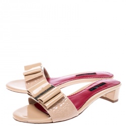 Pre Owned Carolina Herrera Beige Patent Leather Bow Detail Flat Slides Size 36