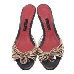 Carolina Herrera Gold and Silver Leather Logo Slides Size 39