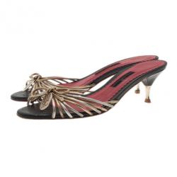 Carolina Herrera Gold and Silver Leather Logo Slides Size 39