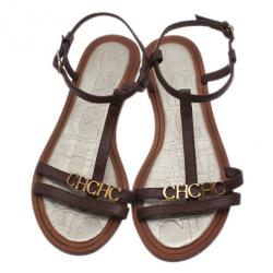Pre Owned Carolina Herrera Brown Leather Logo T Strap Flat Sandals Size 38