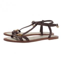 Pre Owned Carolina Herrera Brown Leather Logo T Strap Flat Sandals Size 38