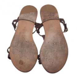 Pre Owned Carolina Herrera Brown Leather Logo T Strap Flat Sandals Size 38