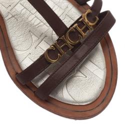 Pre Owned Carolina Herrera Brown Leather Logo T Strap Flat Sandals Size 38
