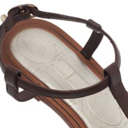 Pre Owned Carolina Herrera Brown Leather Logo T Strap Flat Sandals Size 38