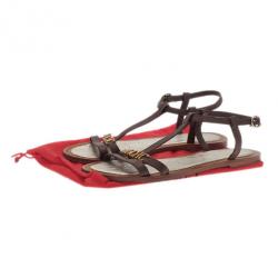 Pre Owned Carolina Herrera Brown Leather Logo T Strap Flat Sandals Size 38