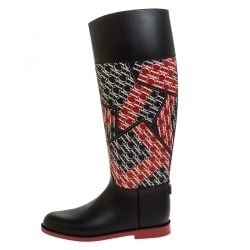 Carolina Herrera Black/Red Coated Canvas and Rubber Chiribitas Rain Boots Size 37