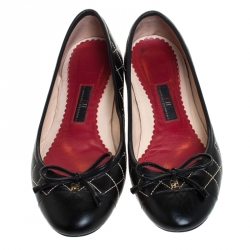 Pre Owned Carolina Herrera Black Quilted Leather Bow Ballet Flats Size 37
