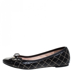 Pre Owned Carolina Herrera Black Quilted Leather Bow Ballet Flats Size 37
